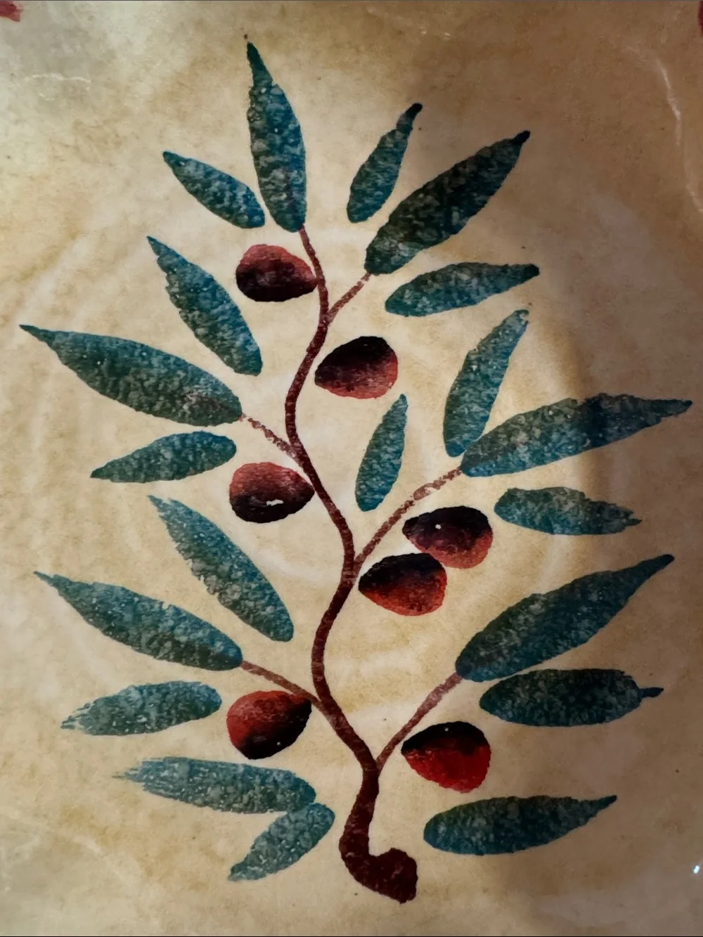 Vintage Italica Ars Hand Painted Cream Red Green Bowl.Made in Italy.Olive Branch
